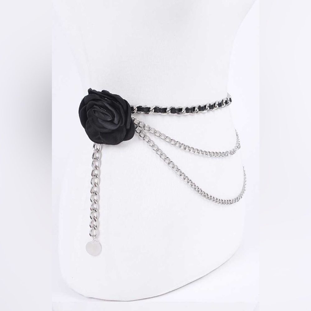 Satin 3-D Flower & Gold Iron Chain Statement Belt - Picture 5 of 7